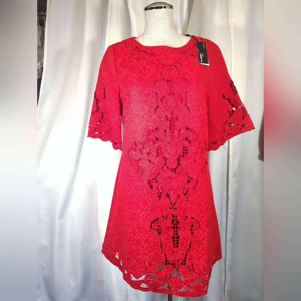 Alaroo TAG Midi Dress, Red Embroidered Crochet, Paisley Pattern, Zip Lined, XL